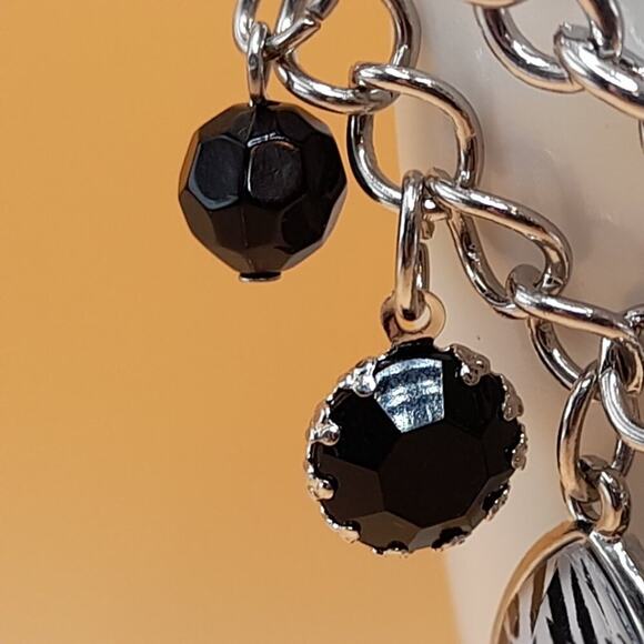 Silver Tone Charm Bracelet, Roses Zebra Heart Black Bead Rhinestone Toggle Clasp - Picture 3 of 10